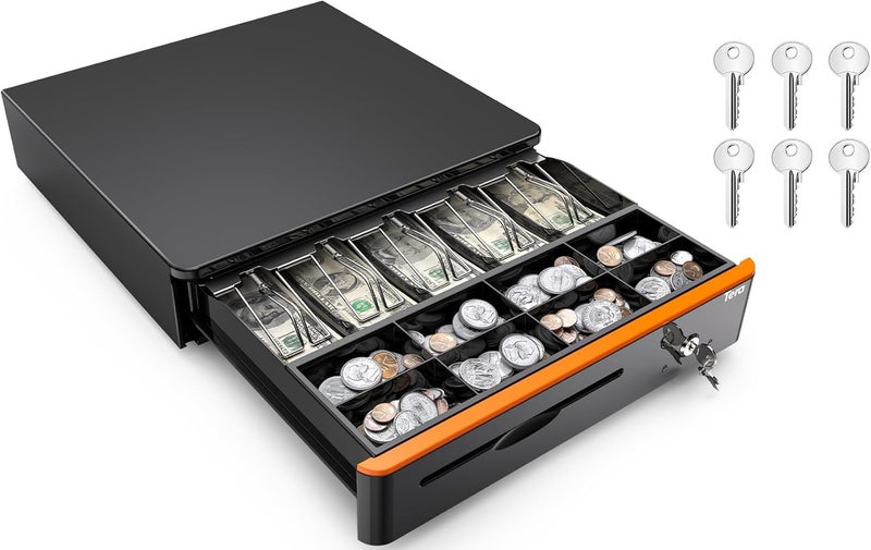 Tera 16 inch Auto Open Cash Drawer with Heavy Duty Insert Tray 5 Bill 8 Coin for POS System Removable Cash Tray Media Slot 24V RJ12 Key-Lock (Round Corner) for Small Business Retail 405R - Image 1
